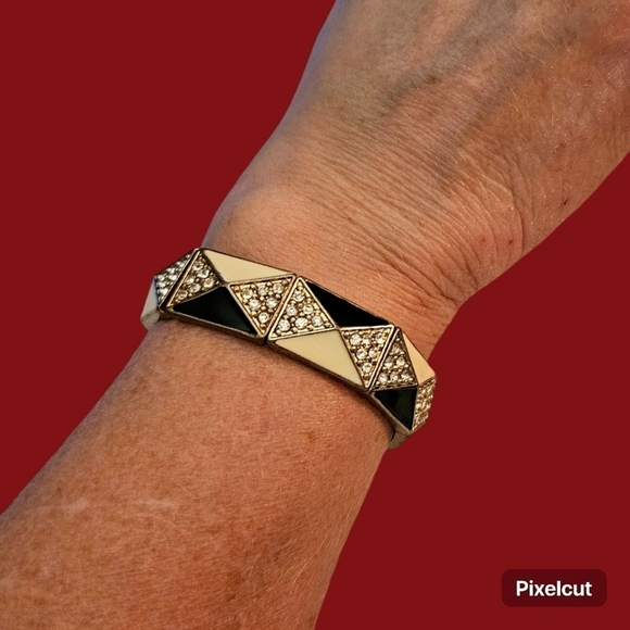 VTG Art Deco Great Gatsby Enamel Triangle Rhinestone Stretch Bracelet - Picture 1 of 4